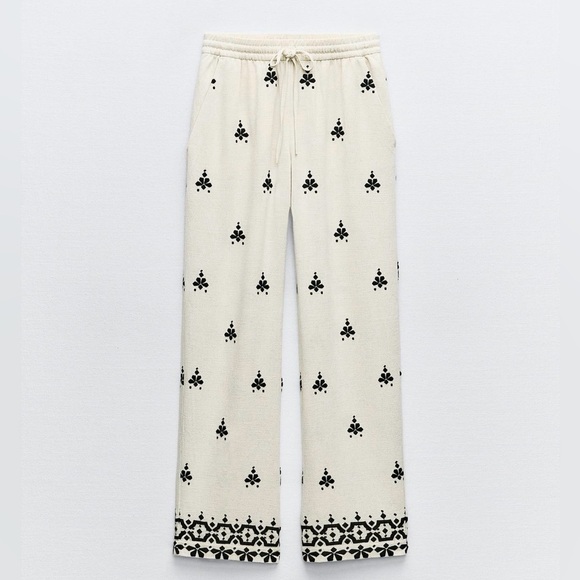 Zara EMBROIDERED WIDE LEG PANTS - Picture 11 of 15